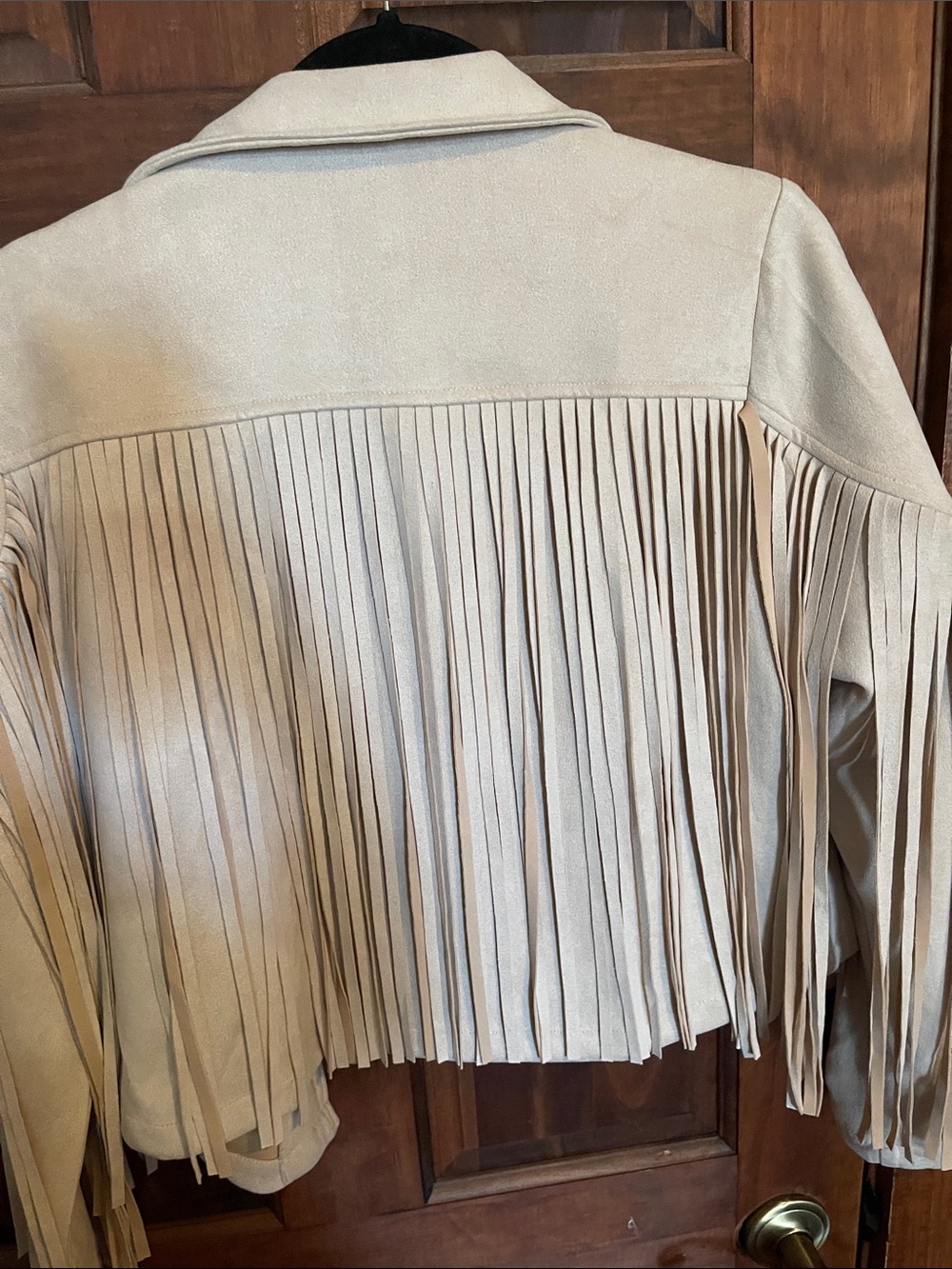 Fringed Suede-Look Jacket in Beige — Women's Leather-Style Coat - Picture 4 of 4